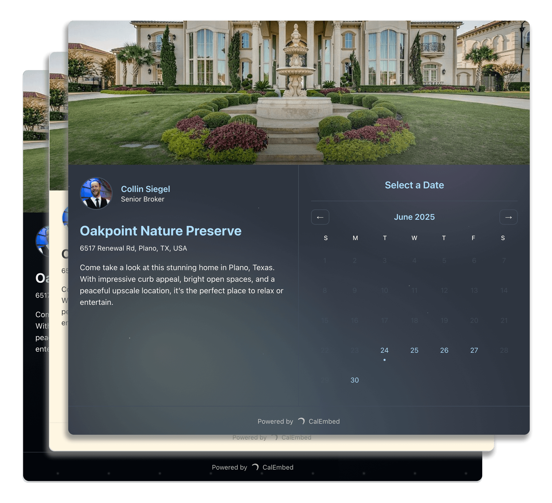 A beautiful CalEmbed scheduling page for a luxury property.